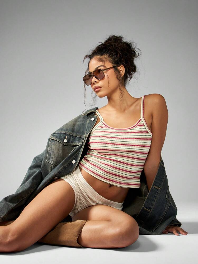MISSGUIDED Retro Stripe Ribbed Crop Tank Top Summer Casual Basic Vest Y2K Sleeveless Athletic Festival Beach Lounge Workout Cami