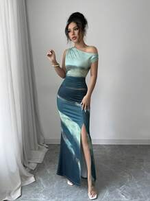 Rafferiza Petite 女士时尚不对称领口连衣裙，适合夏季 - 綠色 - 查看 3