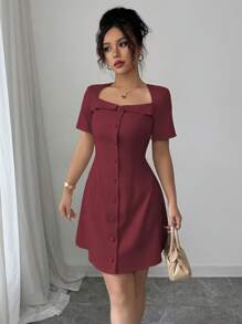 Elenzga Đầm mini cổ bẻ cài nút chữ A tay ngắn thanh lịch dành cho nữ đi làm, mùa xuân/hè - Màu Tím - Xem 7