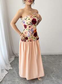 Elenzga Women's Floral Print Tube Dress Maxi Women Outfit - Pink - View 3