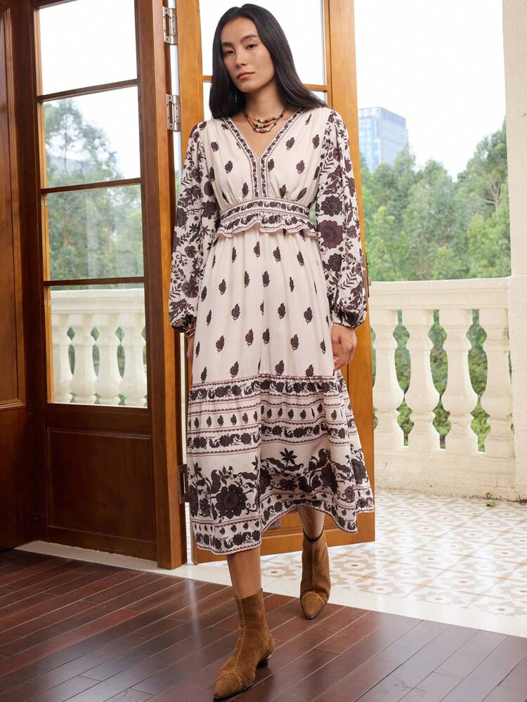Fall Bohemian Ditsy Floral Patchwork Waisted Ruffle Hem Midi Dress For Women Long Sleeve Dress Boho