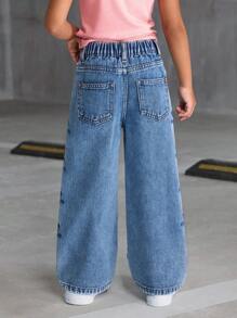 Girls' Comfortable Versatile Washed Butterfly Embroidered Side Seam Jeans, Casual Street-Style - Medium Wash - View 2