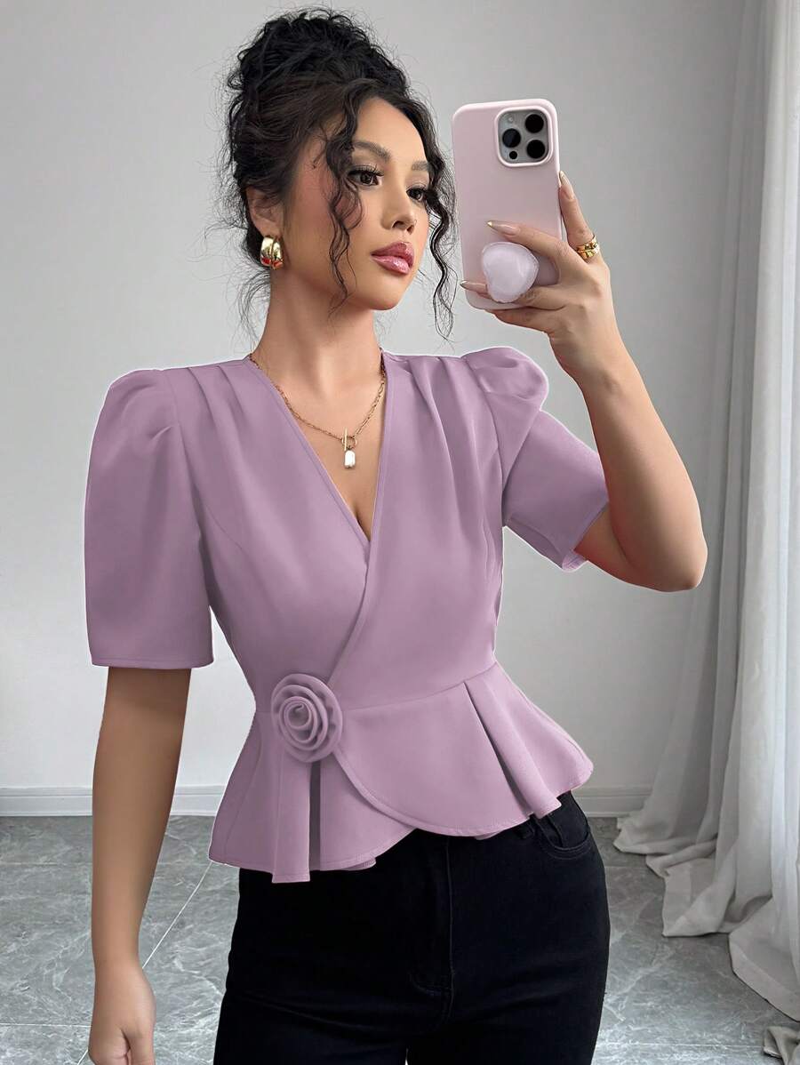 Elenzga 女士浪漫V领泡泡袖褶皱腰身公主袖3D立体花卉红色露脐上衣，优雅通勤度假风，春夏款 - 淡紫色 - 查看 1