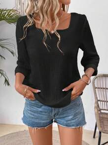 EMERY ROSE 女式纯色 V 领 3/4 袖休闲宽松衬衫 - 黑色 - 查看 4