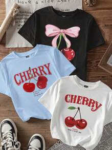 Attitoon 3pcs Casual Minimalist Cherry Print Round Neck Short Sleeve Crop Tee Set For Women, Suitable For Summer Suitable For Going Out - Multicolor - View 8