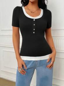 INAWLY T-shirt ajusté décontracté 2 en 1 à manches courtes avec design boutonné pour femmes