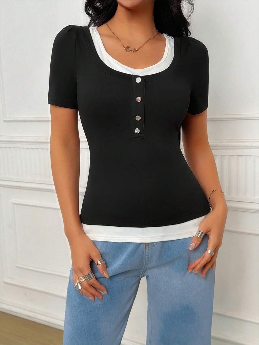 INAWLY T-shirt ajusté décontracté 2 en 1 à manches courtes avec design boutonné pour femmes