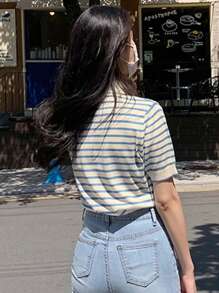 DAZY 女士撞色马球领条纹宽松短袖休闲夏季针织衬衫