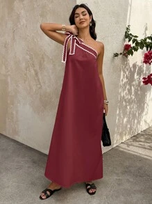 Breezaya Vestido largo holgado de mujer con volantes ondulados - Burdeos - Ver 5