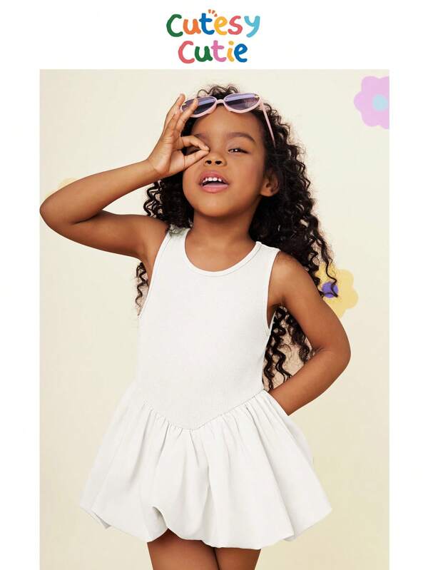 SHEIN Young Girl Fashion Solid Color Crew Neck Patchwork Woven Fitted Dress