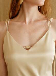 SHEIN LUNE Women's Satin Camisole Dress With Handcrafted Beaded Waist, Slim Fit, Crossover Elastic Strap, Backless, Sleeveless, Apricot Color, Suitable For Work And Commute