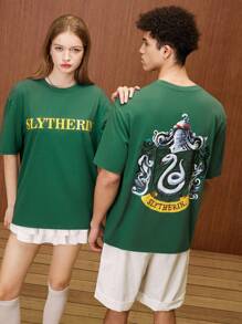 HARRY POTTER X SHEIN Unisex Casual Loose Badge Logo Print Green T-Shirt, Short Sleeve Spring/Summer - Green - View 4