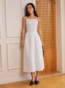 Dazy-Less 女士夏季休闲纹理欧根纱蕾丝紧身中长款吊带裙商务休闲女装