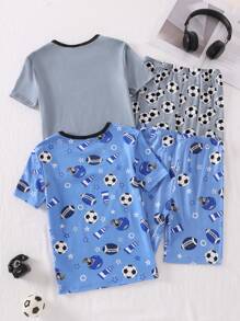 Set da 4 pezzi di pigiama sportivo per ragazzi adolescenti, composto da maglietta a maniche corte con grafica calcio blu navy e grigia, e pantaloncini, realizzato in maglia elastica di spandex