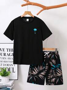 2 件 Tween Boy 休闲度假椰子印花圆领短袖 T 恤 + 短裤套装，适合通勤、上学、休闲外出、运动、春夏 - 黑色 - 查看 1