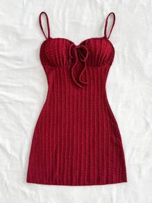Soleia Spring & Summer Vacation Spaghetti Strap Bodycon Textured Fabric Dress - Burgundy - View 7