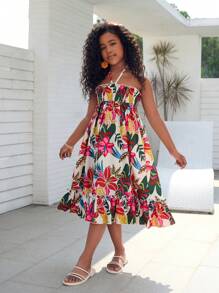 Tween Girl Casual Tropical Holiday Ruffled Short Dress - Multicolor - View 5