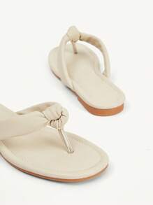 CUCCOO CHICEST Women's Solid Color Round Toe Flat Sandals, Elegant Casual Simple Comfortable Beige Faux Leather Ladies Flip Flops, Beach Shoes, Suitable For Vacation, Beach, Hawaii Island Style