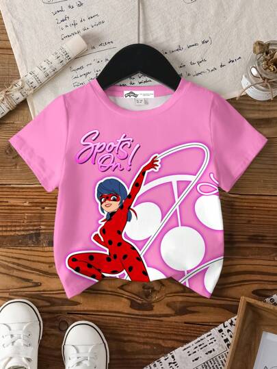 Miraculous Ladybug X SHEIN Young Girl Cartoon Portrait & Letter Print Pink Short Sleeve T-Shirt