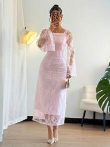 Chiquease Elegant Pink Lace Long Sleeve Lady Dress - Pink - View 7