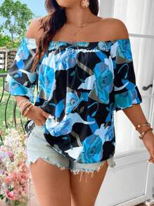SHEIN Clasi Blus Lengan Pendek Motif Bunga Model Bahu Terbuka untuk Wanita Ukuran Plus - Biru - View 1