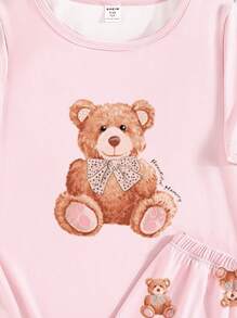 Set de 2 piezas de pijama para niñas preadolescentes, ajustado con estampado de oso de peluche y sakura rosa, top de manga corta y pantalones cortos, cómodo y con estilo