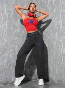 SHEIN EZwear Jeans de unicolor, con bolsillo, ajustado y recto con cordones