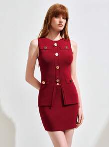 Aveloria 女士 2 件套：无袖圆领上衣和裙子，优雅针织毛衣，春夏 - 中紫紅色 - 查看 6