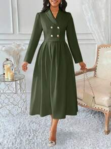 SHEIN Unity 2pcs Women's Suit Set: Cropped Double-Breasted Blazer & Pleated Midi Skirt - Olive Green - View 4