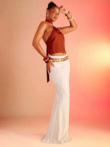 Hauture Cut Out Gold Rings Mermaid Maxi Skirt - Apricot - View 3