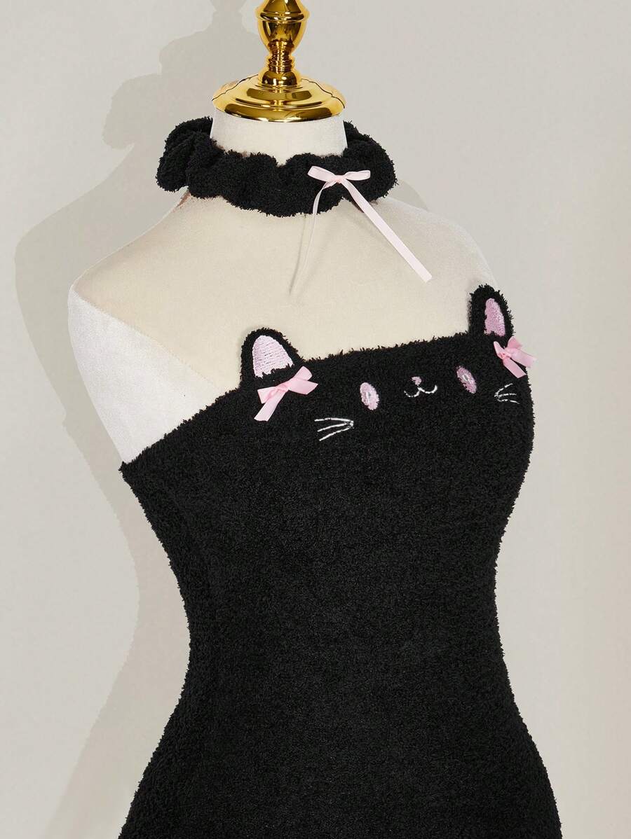 Sweetina 可爱猫咪刺绣抹胸迷你连衣裙 - 黑色 - 查看 1