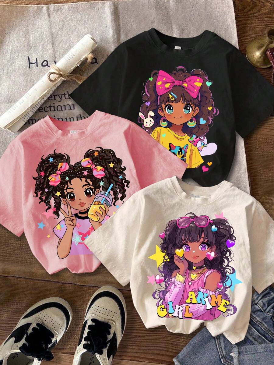 SHEIN 3 chiếc/bộ Áo thun cổ tròn tay ngắn họa tiết hoạt hình dễ thương cho bé gái, thích hợp cho mùa hè - Nhiều màu - Xem 1