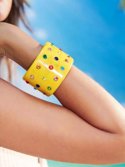 ROMWE Avant 1pc Women Rhinestone Inlaid Resin Open Bangle Bracelet, Suitable For Daily Wear