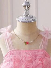 SHEIN Baby Girls' Spaghetti Strap 3D Bow Floral Tulle Party Dress. The Bow And Floral Patterns Complement Each Other, Adding A Touch Of Playfulness And Cuteness. The Puffy Silhouette Design Makes The Dress More Voluminous And Suitable For Children's Parties, Birthday Celebrations, And Other Formal Occasions, Showcasing The Elegant Charm Of A Little Princess. Let Your Baby Be The Center Of Attention Everywhere. - Pink - View 5