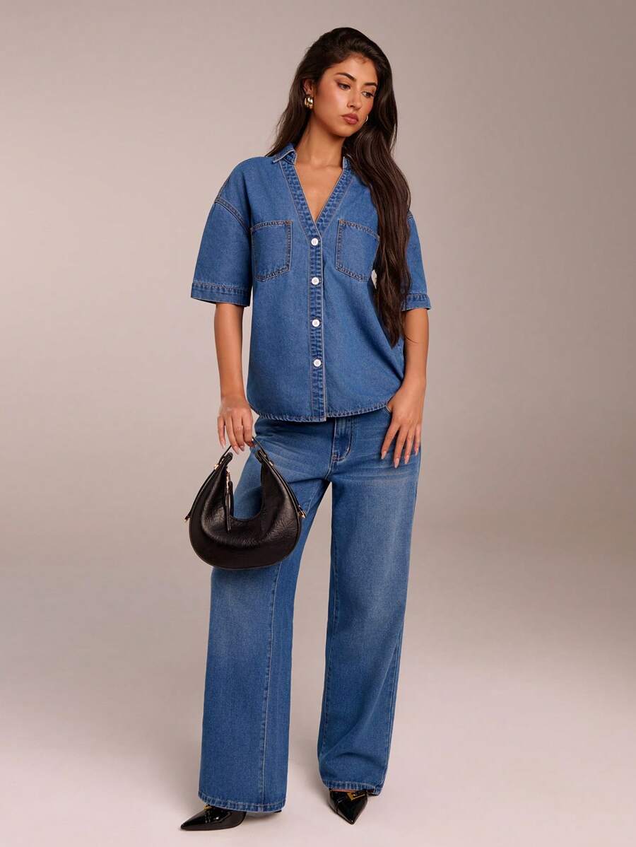 SHEIN Forever 21 Spring&Summer Women Romantic/Prom/Formal/Birthday/90s /Business Casual/Elegant/Western Wear/Going Out/Fashion/Casual/Y2k/Club/Office /Cocktail/Vintage/Bodycon/Rave/Funny/Classy/Old Money/Streetwear/Vacation/Country Concert/Work/Modest/Spring Break/Bachelorette/Concert/Baddie/Basic/Graduation/Blue Washed/Tube/Sleeveless/Cowgirl/1960s/Short Sleeve/ Denim Top - Blue - View 1