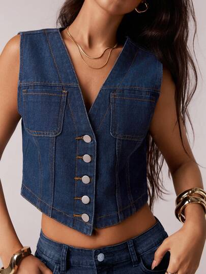 SHEIN Forever 21 春夏女士生日 90 年代商务休闲西部装 外出休闲 Y2K 复古狂欢节街头装 度假乡村音乐会单身派对毕业女牛仔无袖牛仔上衣