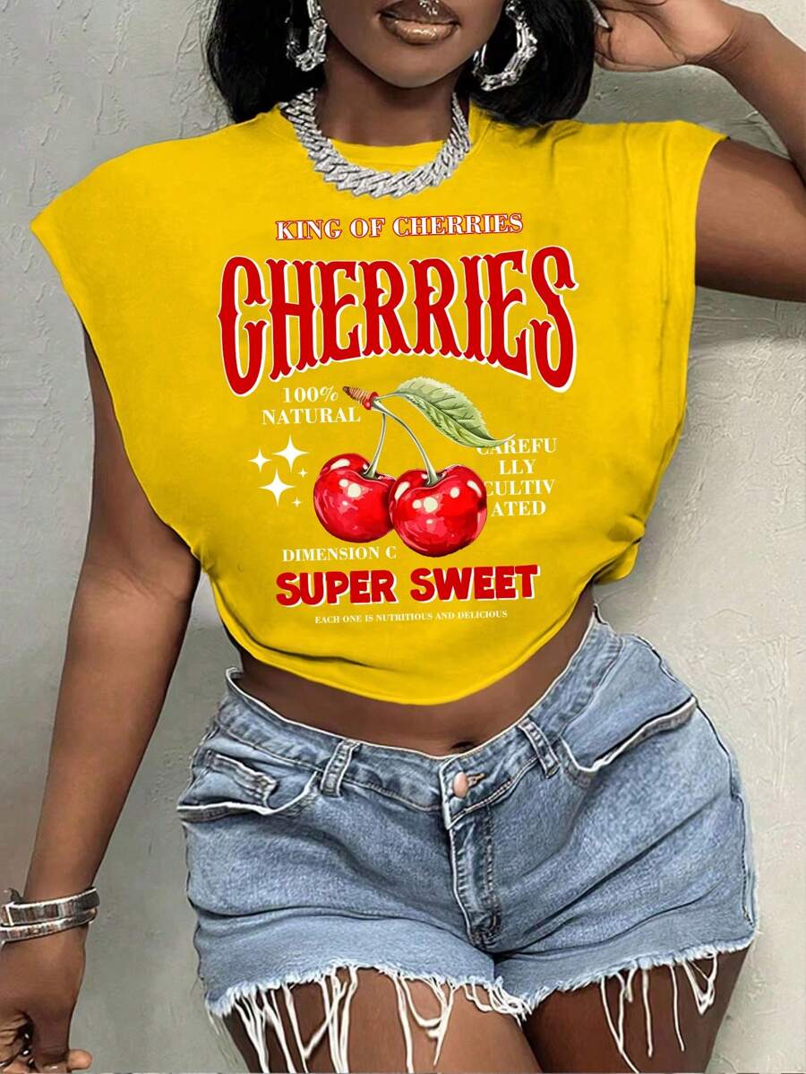 Slaydiva 休闲宽松大码樱桃口号印花T恤，适合夏季 - 黃色 - 查看 1