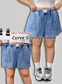 SHEIN CURVE+ Women's Blue Plus Size Denim Shorts Elastic Waistband Loose And Comfortable Shorts Summer Outfits, Curve Plus, Boho Vacation - Medium Wash - View 6