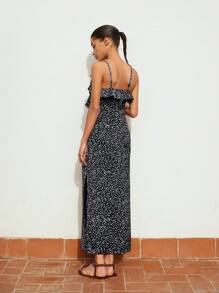 Maija 女士黑色梭织缎面波尔卡圆点荷叶边下摆花卉都市度假现代优雅浪漫长裙，适合外出、度假、派对、音乐节、优雅女士休闲长裙