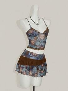 SHEIN ICON 2pcs/Set Vintage Lace Splice Mesh Low Waist Layered Skirt - Green - View 3