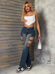 SHEIN SXY Damen Jeans mit niedriger Taille, weite gerade Passform mit Aushöhlung, Vintage-Mode, Neu im Sommer - Blau - Übersicht 5