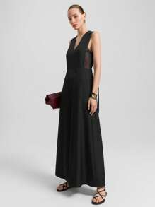 Ontre 2025 新款音乐节服装，毕业服装，现代都市风格黑色拼布材质 V 领无袖女式连体裤，时尚休闲装，春夏 - 黑色 - 查看 3