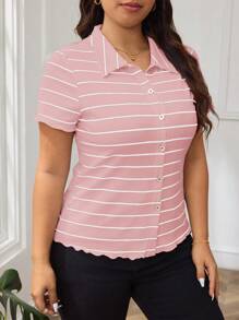 SHEIN Frenchy Plus Elegant, Office, Stylish, Comfortable And Simple,Teacher,Striped Print Button Front Tee,Short Sleeves