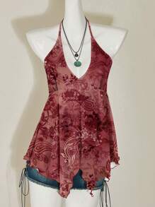 SHEIN ICON Top Halter Casual Vintage Vermelho com Estampa Paisley Plus Size, Adequado para o Verão - Multicolorido - Visão 1