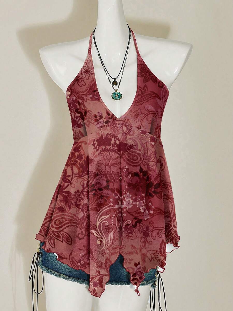 SHEIN ICON Top Halter Casual Vintage Vermelho com Estampa Paisley Plus Size, Adequado para o Verão - Multicolorido - Visão 1