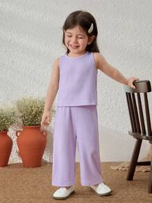 Blossori Baby Girls French Elegant Purple Knit Vest/Long Pants Set, Spring/Summer - Purple - View 5