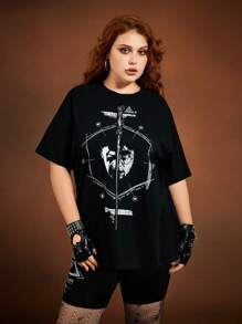 HARRY POTTER X SHEIN Plus Size Graphic Print Round Neck Casual Short Sleeve T-Shirt Y2k Tops Women T Shirts Graphic T-Shirts Graphic Summer For Women/ Summer / Summer / European Summer Old Money Style Women/Old Money Graphic Tees Women Graphic Tees Women Summer Black Tees Easter / Easter Women/ Easter Women Top - Black - View 5