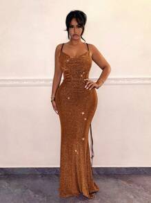 SHEIN SXY 女式简约纯色露背细肩带迷你连衣裙，夏季时尚