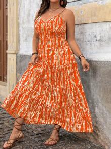 SHEIN Holidaya Plus Size V-Neck Printed Knot Strap Long Dress Maxi Women Outfit - Orange - View 4