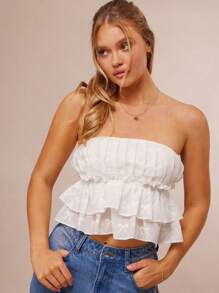 WESTFADE Top corto con volantes y escote halter bordado con moño, tejido, smocked y espalda descubierta, ideal para primavera y vacaciones - Blanco - Ver 3